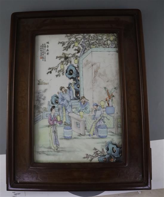 A Chinese famille rose porcelain plaque, late 19th century, total dimensions 52.5 x 40cm, repair to very top right hand corner of plaqu